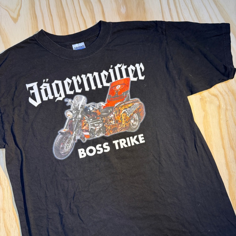 Gildan Jagermeister Boss Trike Graphic T-Shirt Mens Large Black Heavy Cotton L